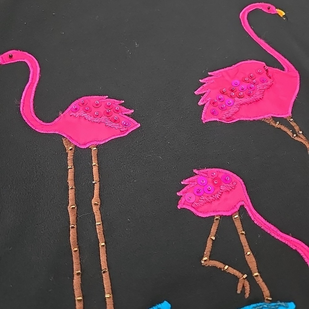 VTG Victoria Harbour Flamingo Embroidered Beaded Shirt M Coastal Beach Flare - Picture 3 of 8